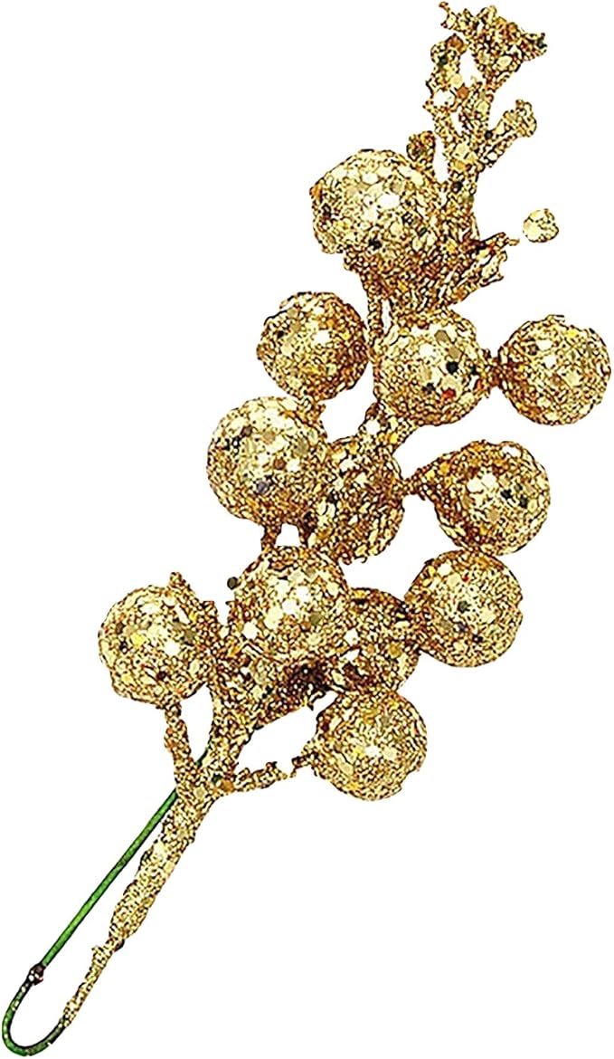 (Pack of 12) Glittery Gold Artificial Berry Picks for Home