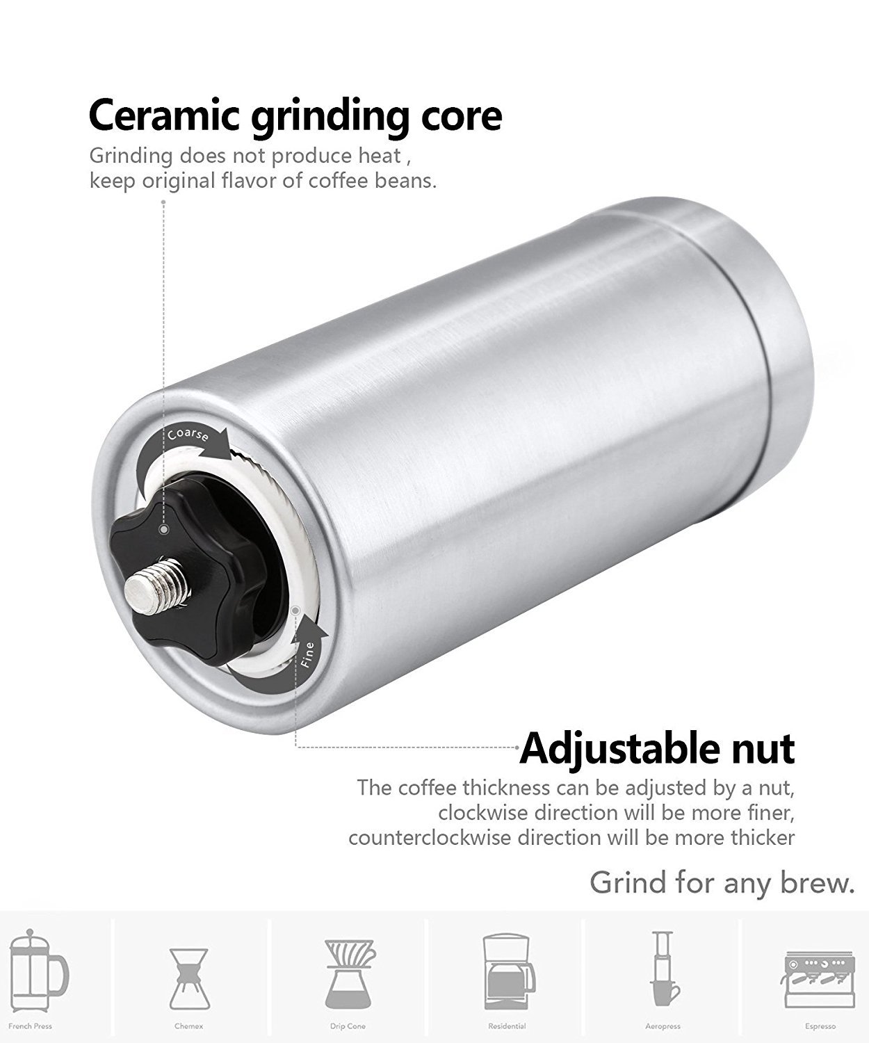 Firlar Premium Manual Coffee Grinder Adjustable Coffee Grinder Burr, Stainless Steel Burr Mill Grinder with Brush