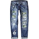 Ripped Boyfriend Jeans for Women Distressed Skinny Denim with Holes Plaid Patchwork Design Stretch Comfort Pants