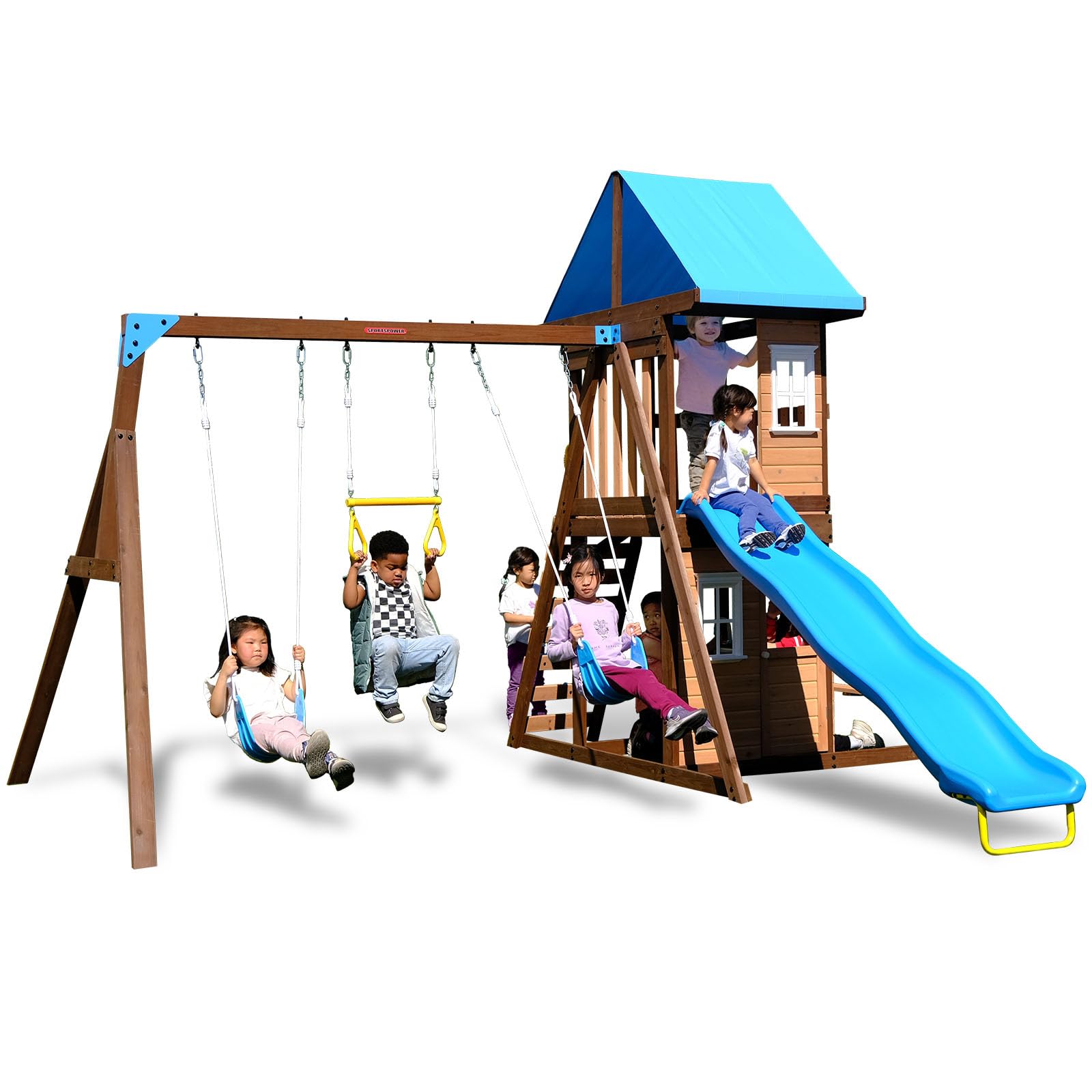 Photo 1 of BOX 1 OF 2 - Sportspower 8-in-1 Lakeview Outdoor Wooden Swing Set: Belt Swings, Trapeze Play Fort with Play Kitchen, Bench & Rock Climber Ladder and Slide - Blue and Yellow