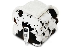 blunique Cow Print Heated Throw Blanket Electric Blanket-Heating Blanket Throw with 10 Heat Levels & 10 Hours Auto Off, Cozy Soft Fleece Sherpa, Washable, 50 x 60 Inches Cow Print White