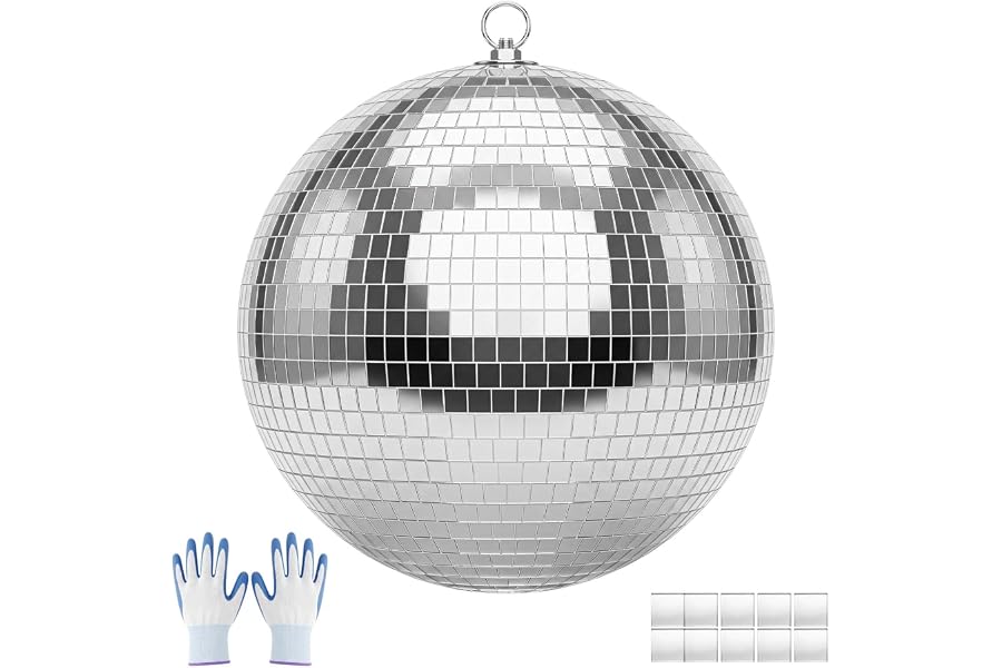 VEVOR Mirror Disco Ball 12 Inch Silver Reflective Ball with Hanging Ring | For Party Home Decoration Stage Props DJ Dance Club, 2 Mirror Tile Sizes, Reflects Light, Large Wedding Music Birthday Decor
