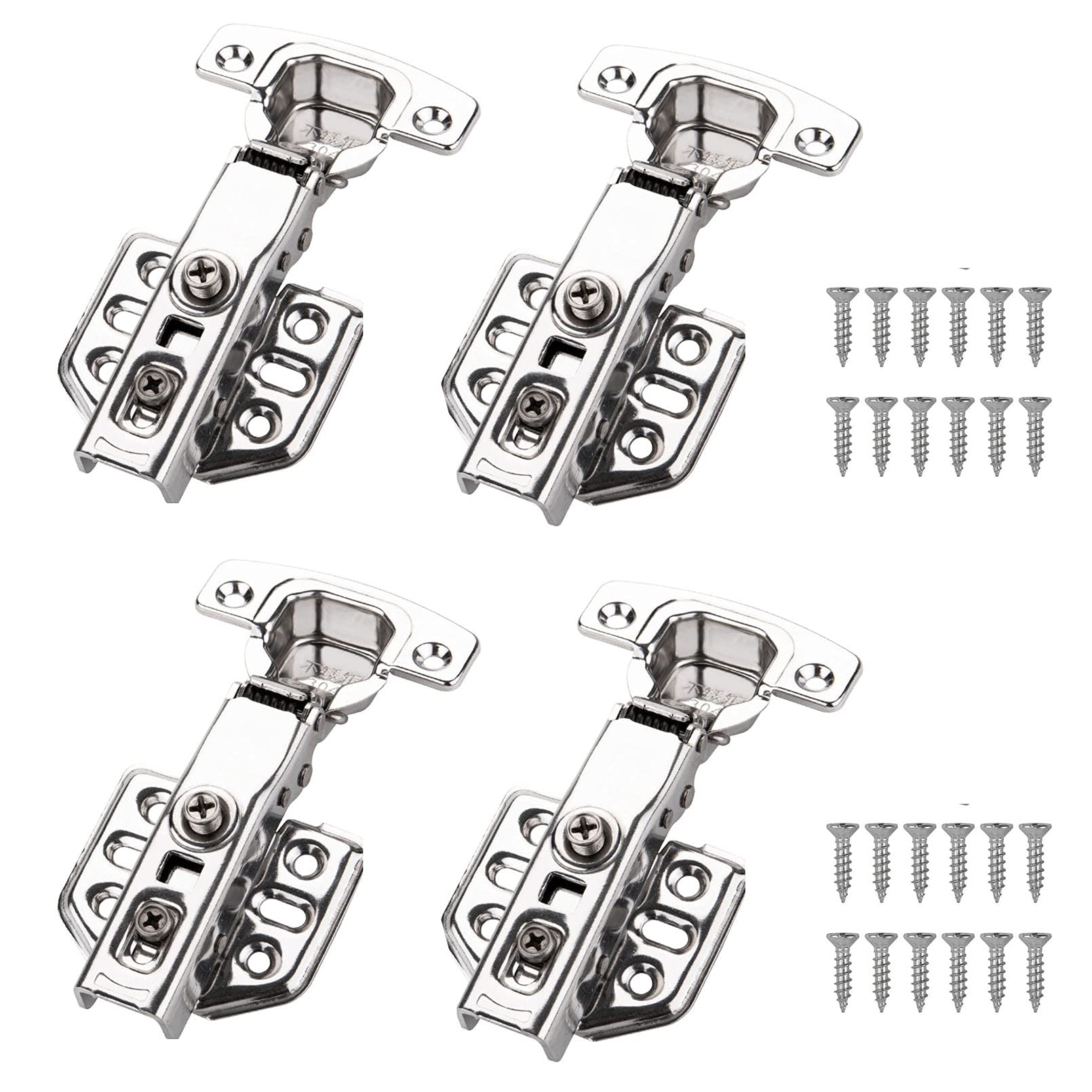 Full Overlay Frameless European Hinges, Soft Closing Adjustable Mute Kitchen Cupboard Wardrobe Doors Hinges with Screws, Upgraded Stainless Steel Nickel Plated Finish,12 Booster Arms,4 Pack
