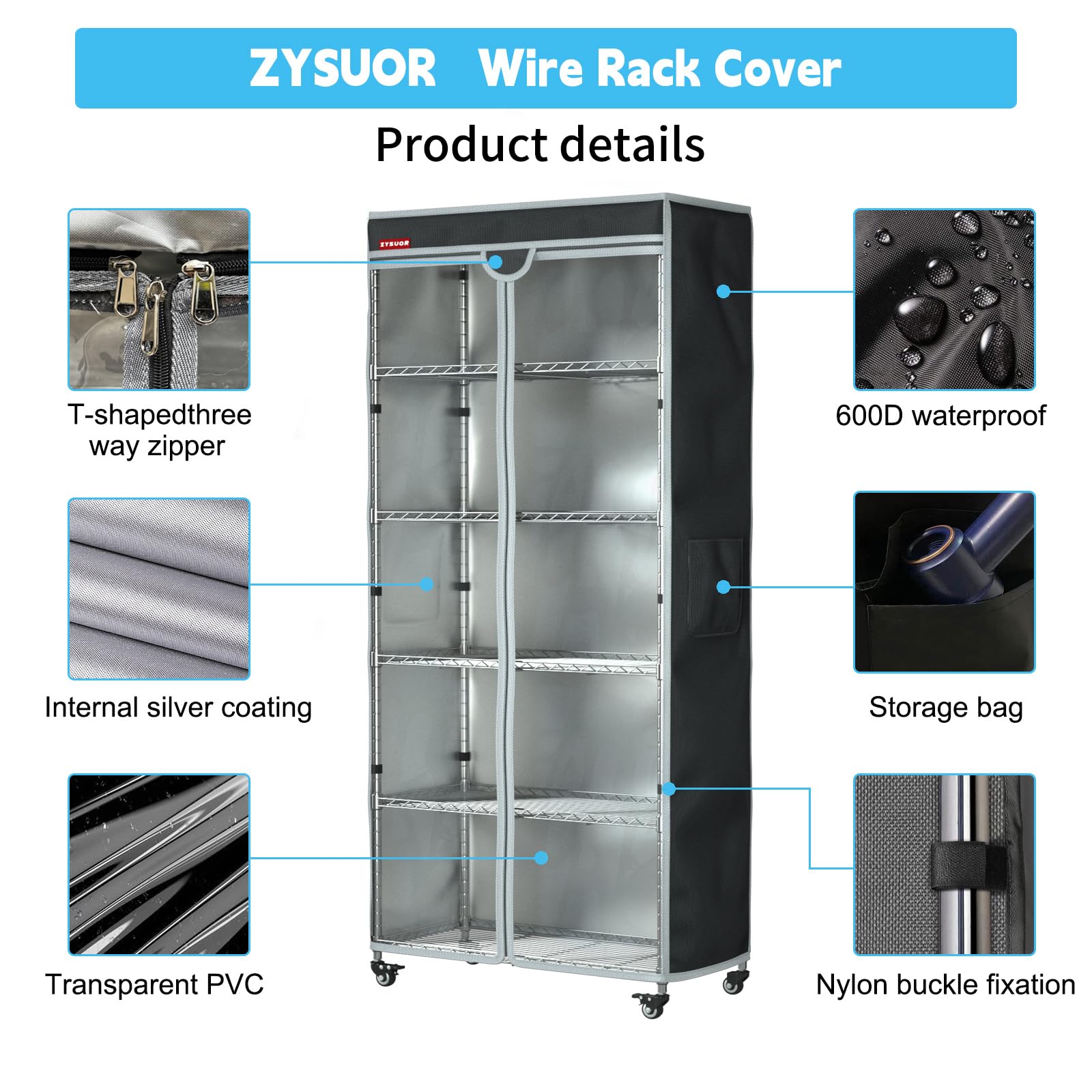 Condition photo showing As Is for zysuor wire shelf cover 30"x14"x54" – waterproof dustproof shelving cover, clear pvc front & t-zippe