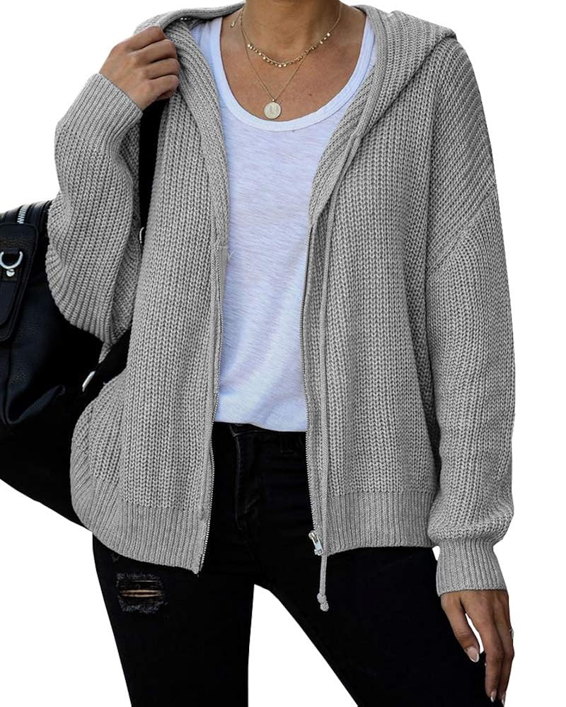 Buy Modershe Womens Hooded Zip Up Cardigan Chunky Knit Sweater Jacket Boyfriend Open Front 