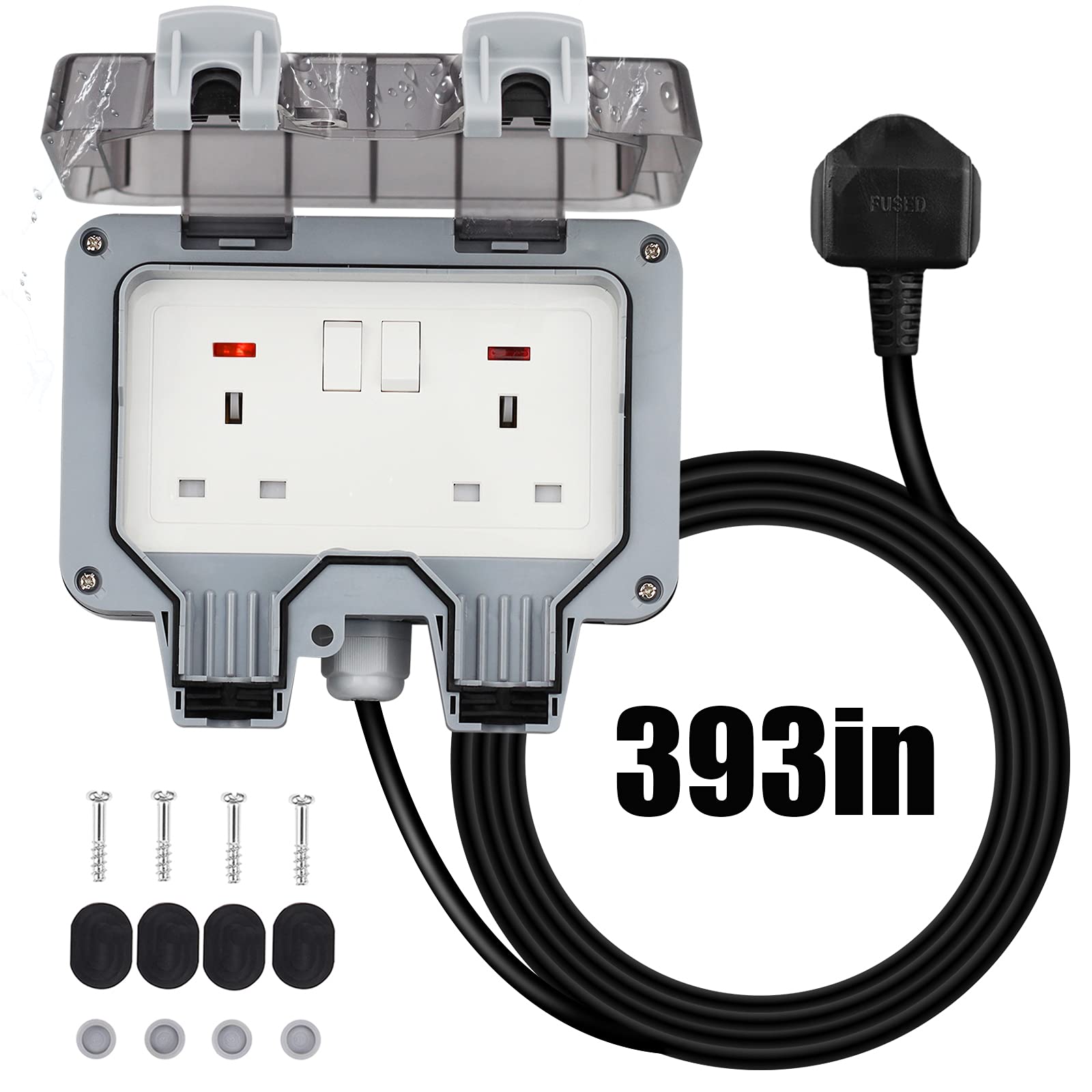 Outdoor Sockets Waterproof Double Socket, Weatherproof Outdoor Sockets with 10M Extension Cable Outdoor Outside Plug Socket 13A IP66 Wall Electrical Outlets Switched Socket Covers