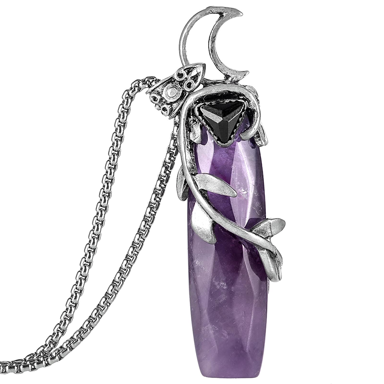 Nupuyai Vintage Moon Amethyst Crystal Stone Necklace for Women, Leaves Wrapped Protection Energy Stone Pendant with Chain 50cm