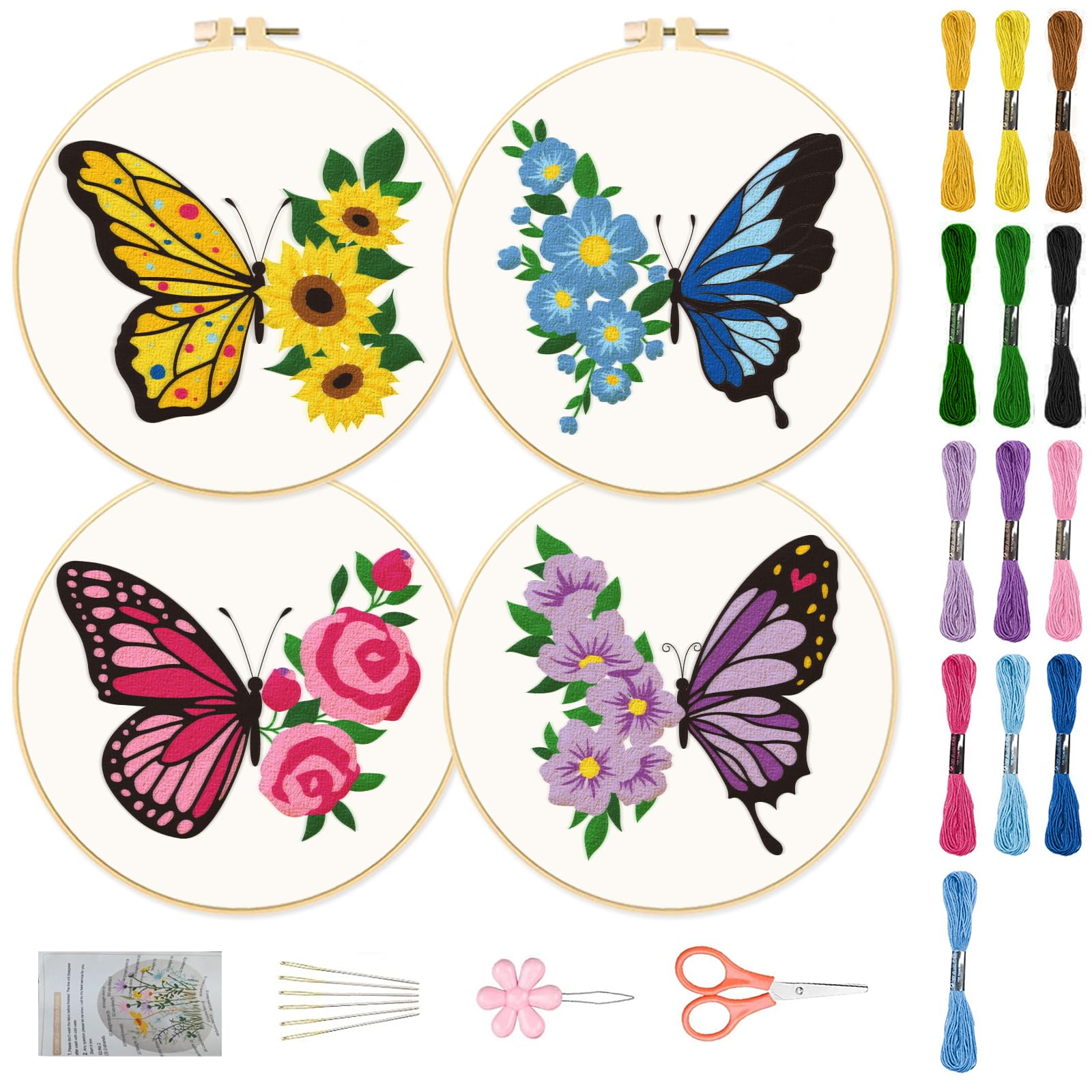 ORIGACH 4 Pack Flowers and Butterfly Embroidery Kits for Beginners, DIY Starter Embroidery Kit with Floral and Butterfly Patterns and Instructions for Adults Women Crafting