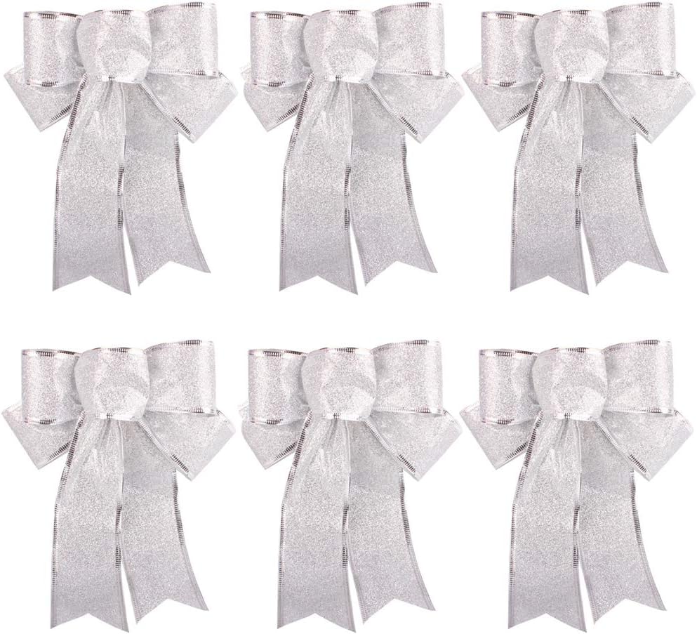 Beurio Silver Glitter Christmas Ribbon Bows Gifts Wreaths Wedding Party Decorations Hanging Ornaments, 6 pcs