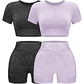 OLCHEE Womens Workout Sets 2 Piece - Seamless Acid Wash Yoga Outfits Shorts and Crop Top Matching Gym Athletic Clothing Set
