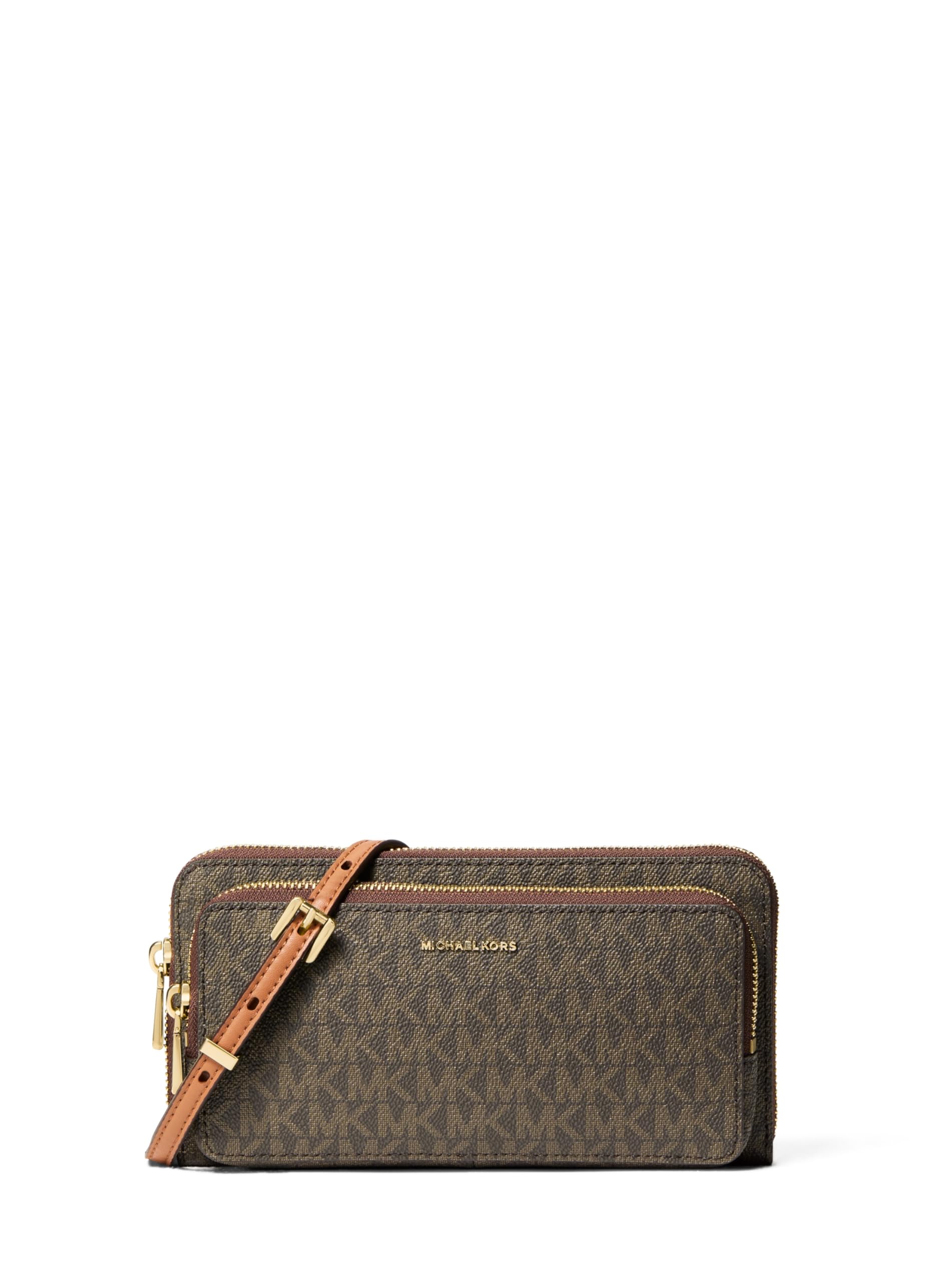 Michael Kors Jet Set Large Continental Crossbody Wallet, Gold-Tone Hardware/MK Signature Coated Twill/Brown/Acorn