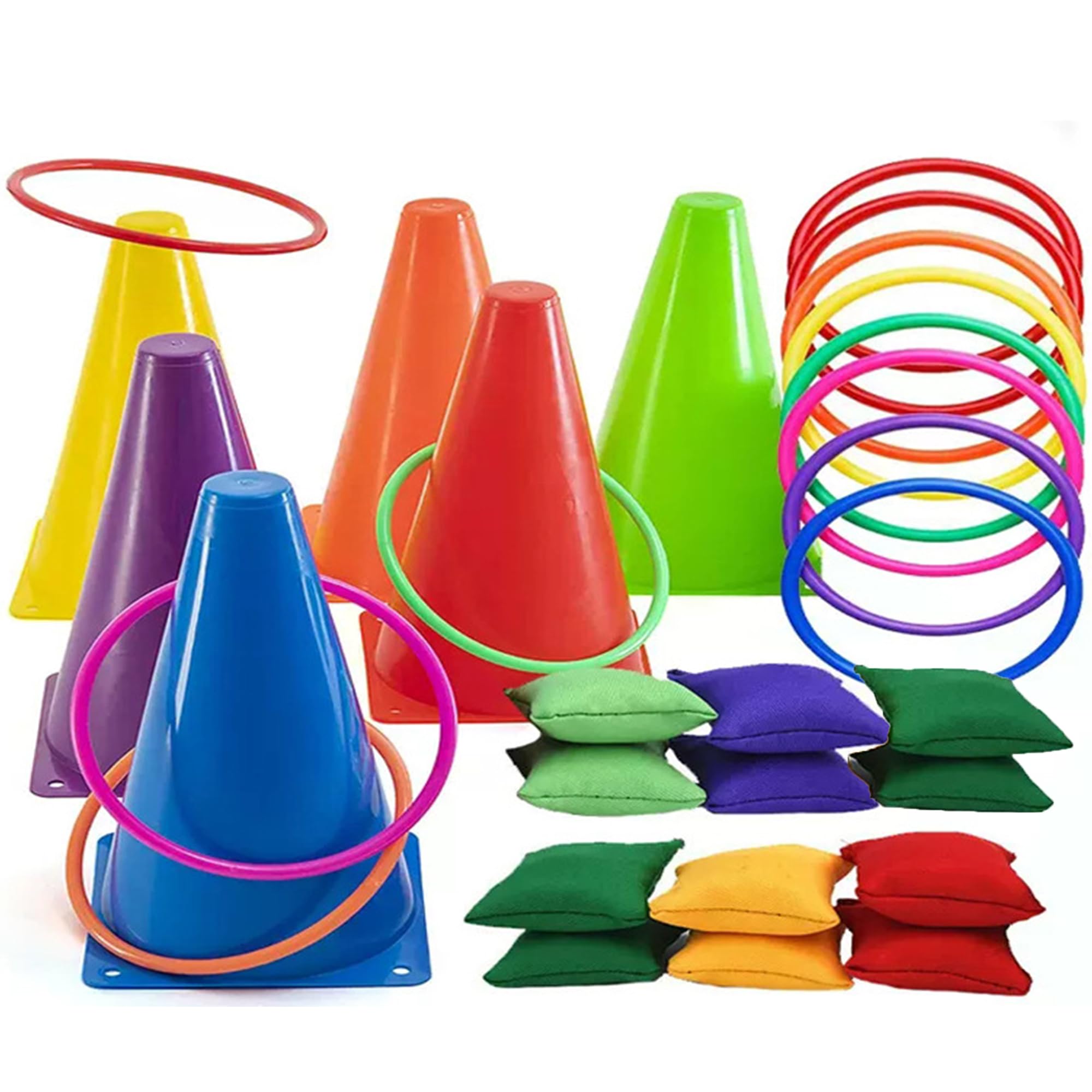 SQAQS 31PCS Toss Game Set, 18cm Sleeve Barrel, Toss Bag Rings Bean Bag for Throwing Game Kids Play Equipment Set, Ring Toss Party Game for Kids Play, Soft Plastic Cones, Outdoor Fun (Solid color)