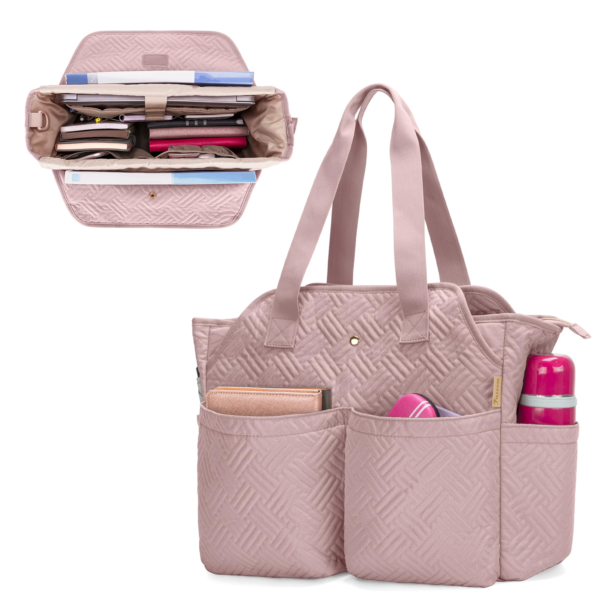 Fasrom Laptop Bag for Work Women, Large Utility Tote Bag with Laptop Compartment, Messenger Shoulder Bags for Teacher Essentials (Empty Bag Only), Pink
