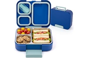 Bento Lunch Box for Kids, 3 Compartment 304 Stainless Steel Food Container with Handle & Spork, Kids Lunch Box Fits Ice Pack, BPA-Free, Blue
