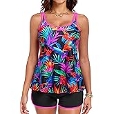 Tankini Swimsuits with Shorts - Two Piece Tummy Control Flowy Bathing Suits Top with Two Pockets Boy Shorts 2025