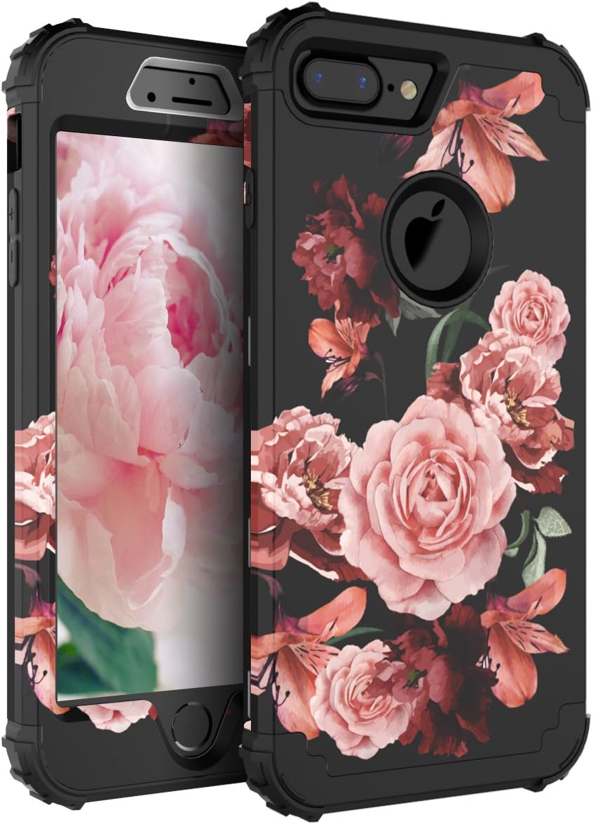 RabeMall Case for iPhone 7 Plus,Case for iPhone 8 Pretty Flowers for Girls/Women Anti-Fingerprint and Scratch-Resistant Three Layer High Impact Resistant Hybrid Protective Cover,Floral Black