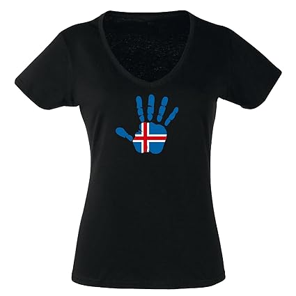 V-T-Shirt - Island - Hand - Handabdruck - Fahne - Damen