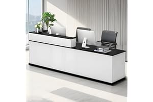 Nuipesn Reception Desk,Front Reception Counter Desk Checkout Office Desk with Lockable Drawer Reception Table Wooden Computer Desk for Office (Pure White+Black/Right,70.87" L*23.62" W*39.37" H)