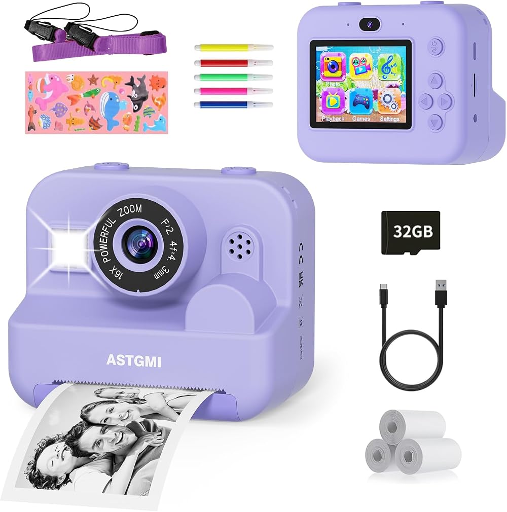 ASTGMI Kids Instant Print Selfie Camera 1080P 32GB Purple 3-12 Years