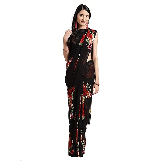 Womanista Womens georgette with blouse piece 7510 Sarees (TKIM763_ Black & Red_ Free Size)