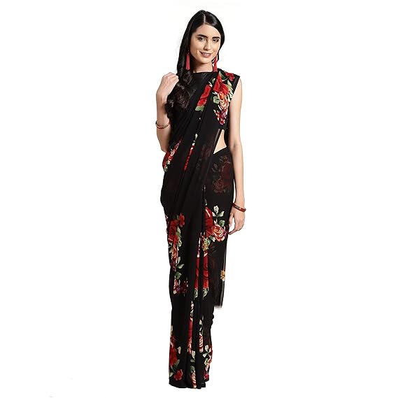 Womens georgette with blouse piece 7510 Sarees (TKIM763_ Black & Red_ Free Size)