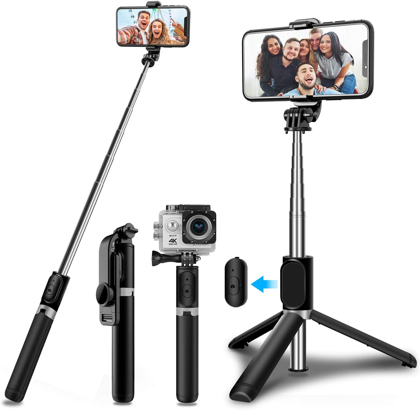 SYOSIN Selfie Stick Tripod with Wireless Remote, Mini Extendable 4 in 1 Selfie Stick (103cm) - 360° Rotation Phone Stand Holder Compatible with Action Camera, iPhone/Samsung/Huawei Smartphones