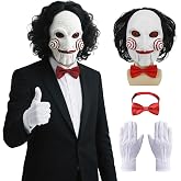 Enccfoeo Saw Billy Puppet Costume Mask Adult Horror Movie Cosplay EN046 | Realistic Full Head Latex Mask with Hair, Cute Accessories Bow Tie Gloves, Scary Halloween Costumes Clown Puppet Masquerade