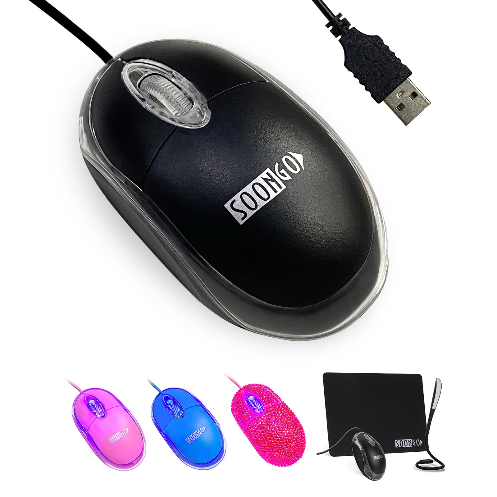 SOONGO Kabelgebundene PC Maus, Mini Ergonomische USB Computermaus, 1600 DPI, 1.5m Kabel, Kompatibel mit Windows 7/8/10/XP/Vista & Mac, Schwarz