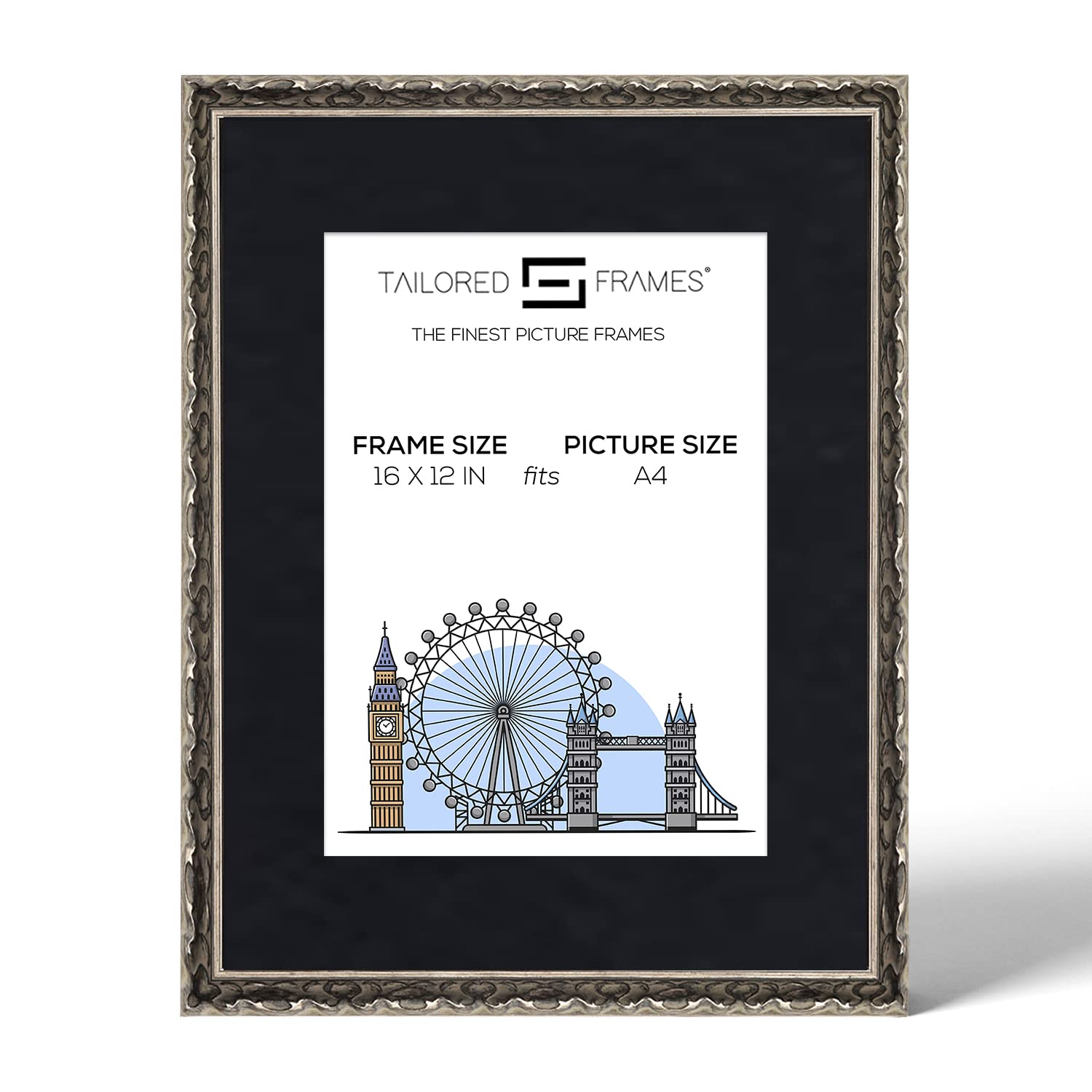 Tailored Frames Vienna Silver 16" X 12" Frame for A4 Picture | Rustic Style Vintage Single Picture Frame | Wall Hanging Type | Photo Frame with Black Mount