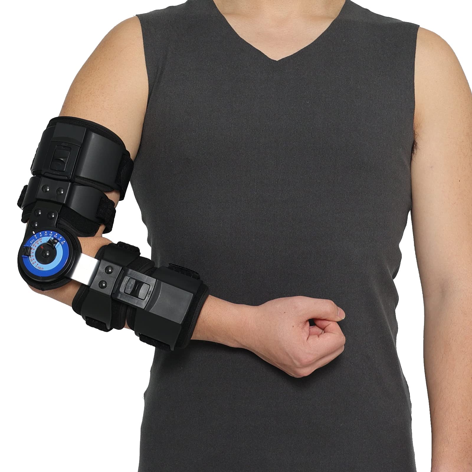 Photo 1 of Orthomen Hinged ROM Elbow Brace Stabilizer, Adjustable Post OP Arm Support Splint for Surgery Recovery, Fracture & Dislocation, 10°-15° Incremental Control, Universal Fit Men and Women (Right)