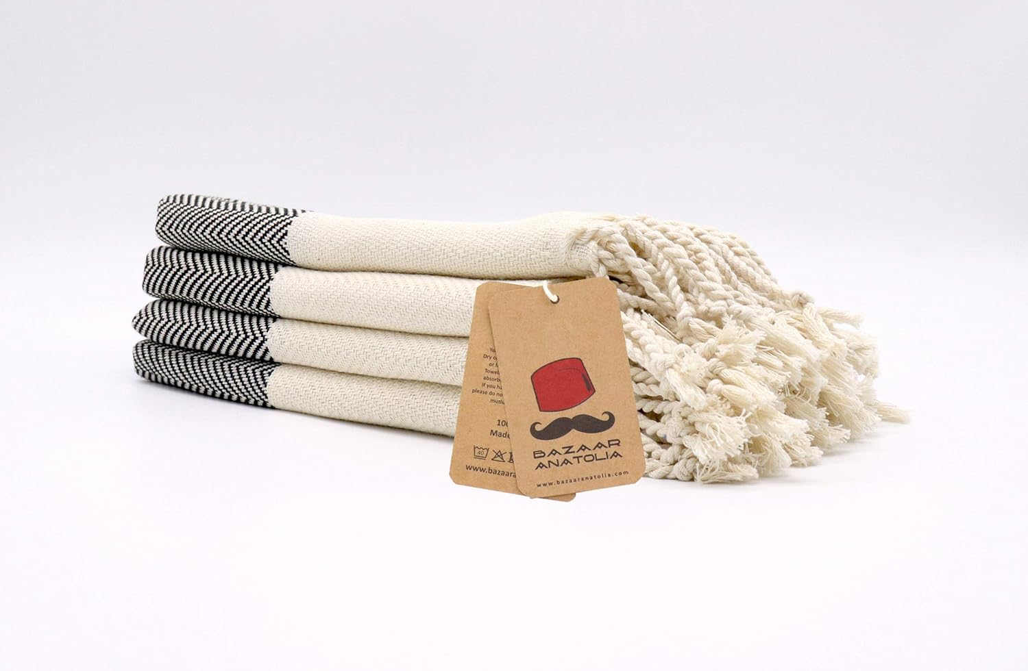 Turkish Hand Towel Set of 4 Herringbone Peshtemal Towel 100% Cotton 45x20" Light Weight Thin Quick Dry Hand Bath Hair Gym Face Tea Kitchen Dishcloth Set Decorative Bathroom Towel (Black): Home & Kitchen