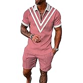 BIRW Men's Summer 2 Piece Tracksuit Set Fashion Casual Short Sleeve Polo Shirt and Shorts Set