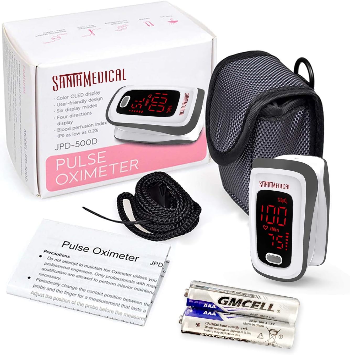 Fingertip Pulse Oximeter, Blood Oxygen Saturation Monitor (SpO2) with Pulse Rate Measurements and Pulse Bar Graph, Portable Digital Reading LED Display, Batteries and Carry Case Included: Health & Personal Care