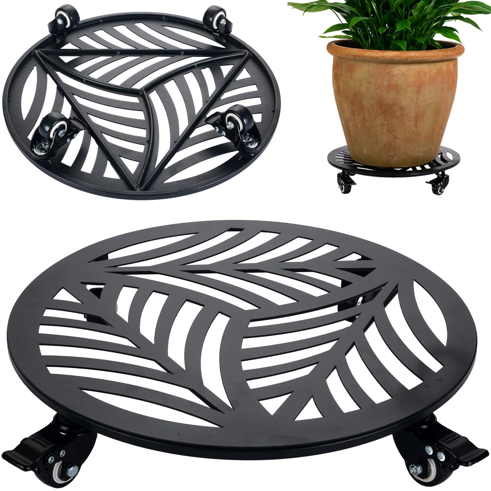 Photo 1 of 1 Pack 15 inches Extra-Large Metal Plant Caddy with Wheels Heavy-Duty Iron Rolling Plant Stand with Casters Indoor Outdoor Wheeled Plant Roller Base Pot Movers Plant Dolly Coaster Trolley Black