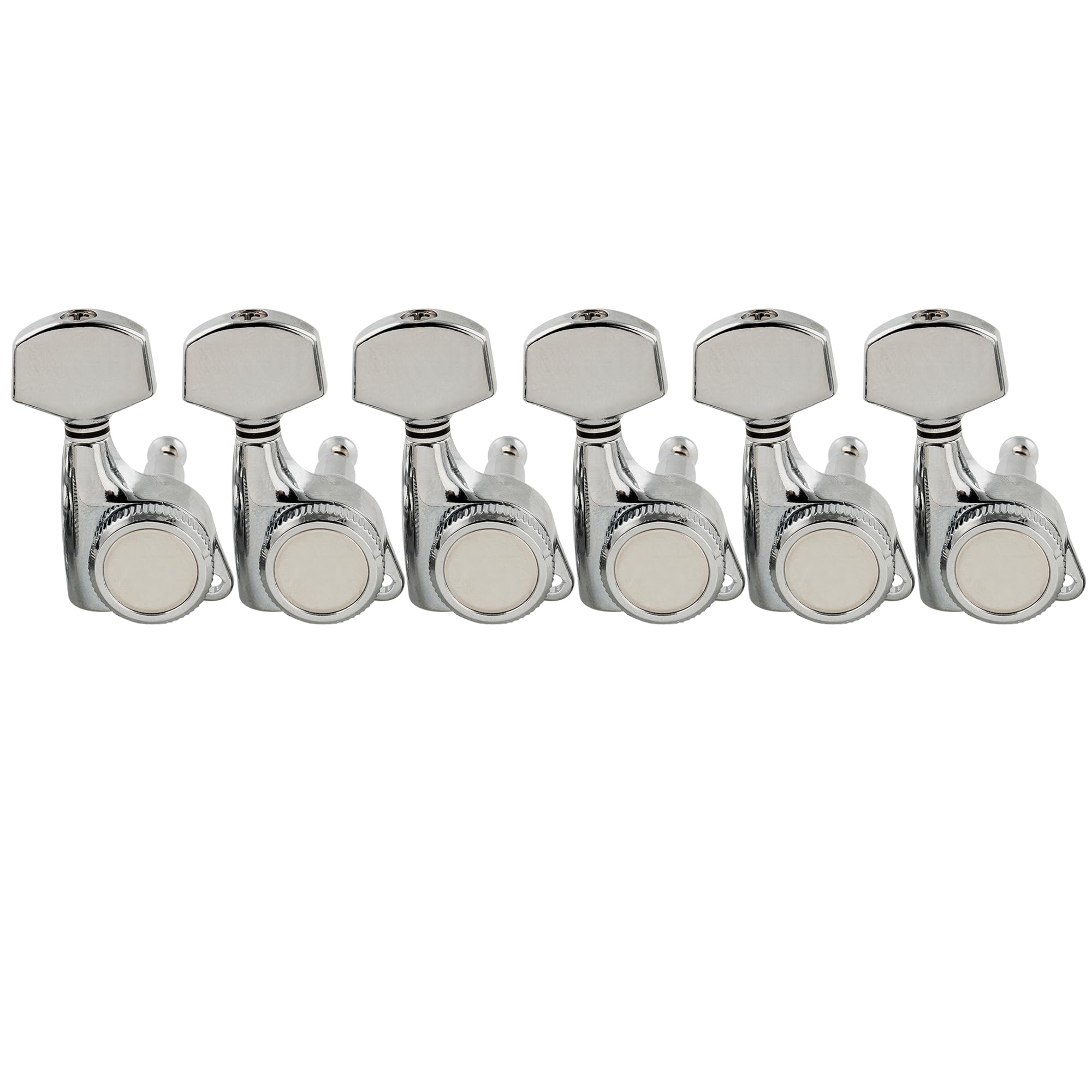 Musiclily Pro 6-in-line Guitar Locking Tuners Machine Heads 18:1 Ratio Guitar Locking String Tuning Pegs Keys for Strat Tele Style Electric Guitar, Chrome with Hex Button