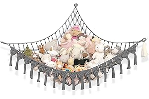 Abby Baby Extra Large Stuffed Animal Storage Hammock Corner with LED Lights – 25LB Capacity Hanging Toy Net for Small or Large Plushies, Boho Macrame Squishmallow, Plush Net, Gray
