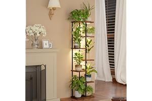 Bamworld Plant Stand with Grow Light for Indoor Plants Corner 7 Tier Metal Plant Shelf Wood Flower Stand for Home Living Room