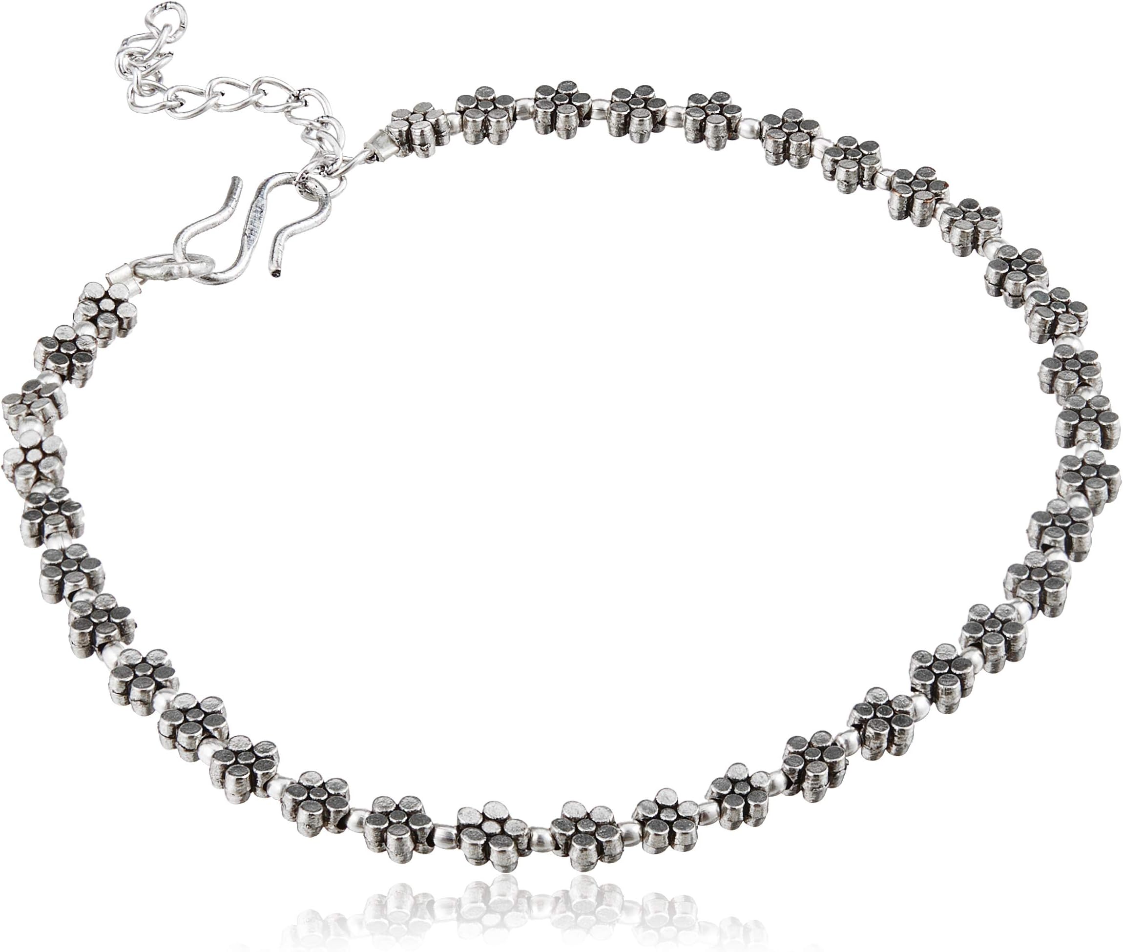 Traditional Indian Ethnic Vintage Style Anklet | Tribal Boho Silver Plated Anklet - Single Piece | Handmade Anklet for Girls & Women (Small Flower Charms)