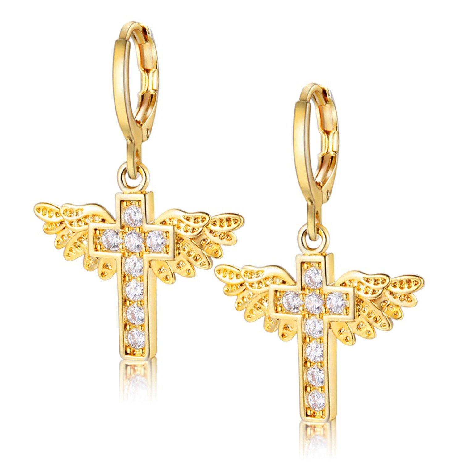 Uloveido Cubic Zirconia Brass Earings 2018 Angle Wing & Cross Drop Earrings for Women Y199 (Gold plated)