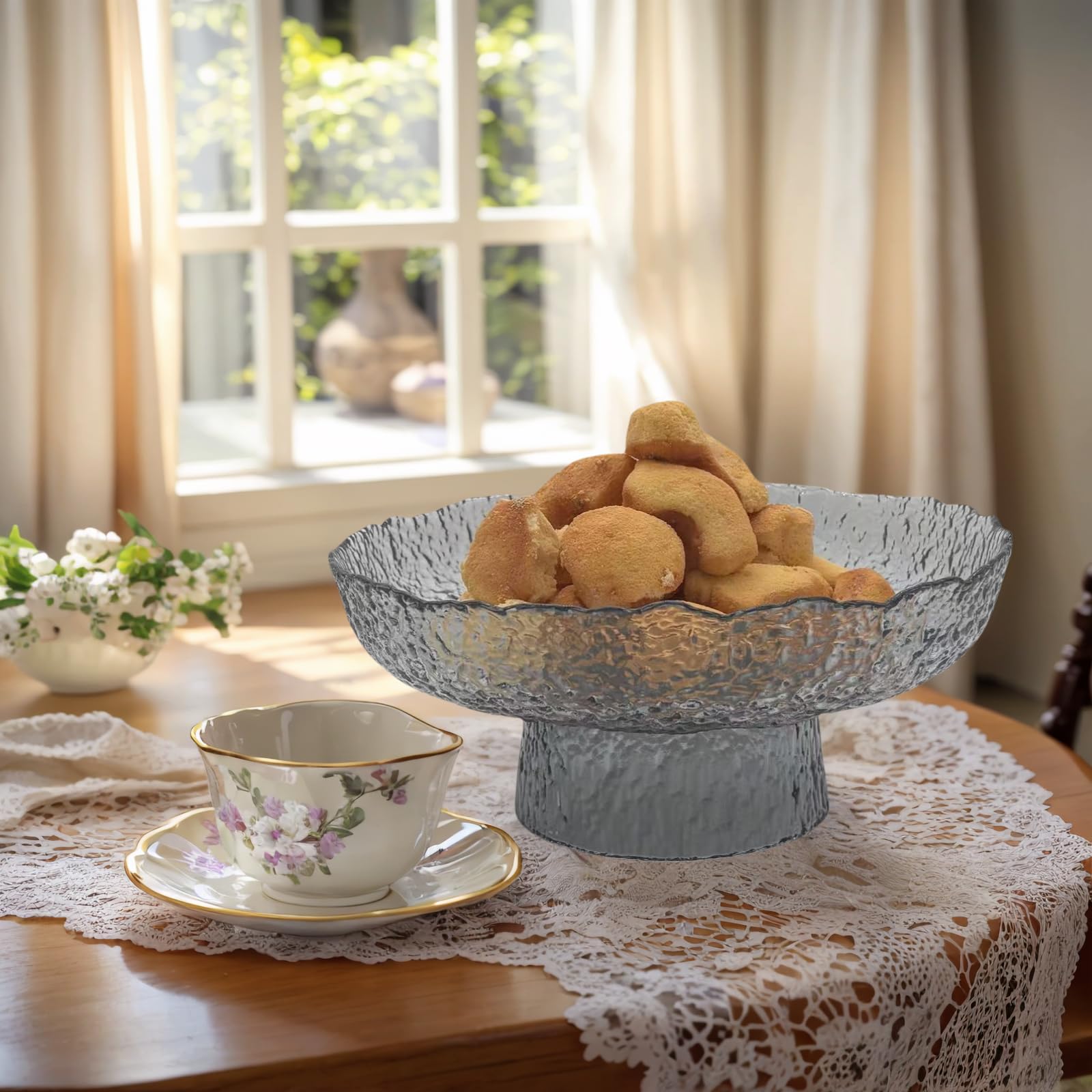 FESTLOVE Glass Fruit Bowl, 10” Gray Decorative Bowl, Fruit Bowl for Kitchen Counter, Decorative Pedestal Bowl Centerpieces Table for Home Décor, Candy Dish Dessert Display Stand