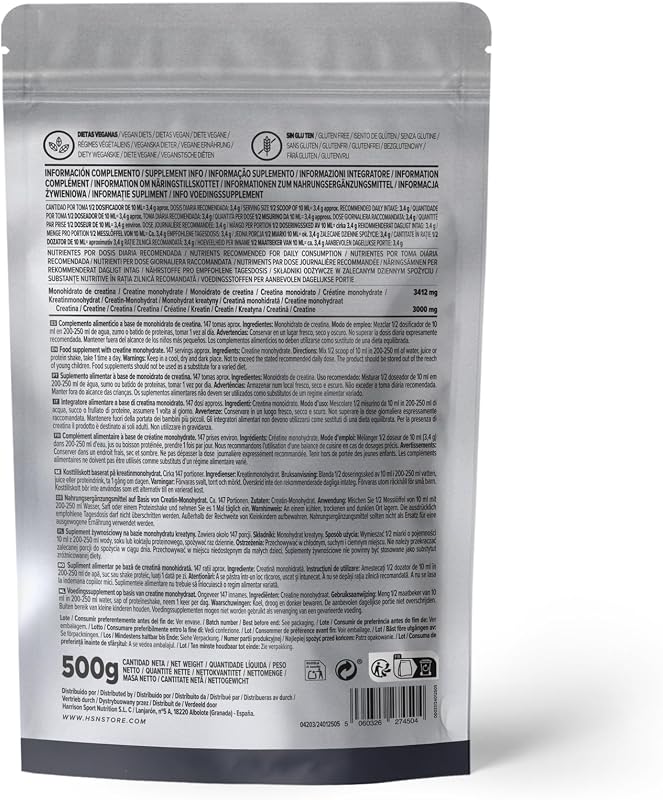 Creatina Monoidrato Micronizzata 500 g | 100% Pura, Senza Aroma | Vegana, Senza Glutine e Senza Additivi | Alta Solubilità e Massima Purezza | Misurino Non Incluso
