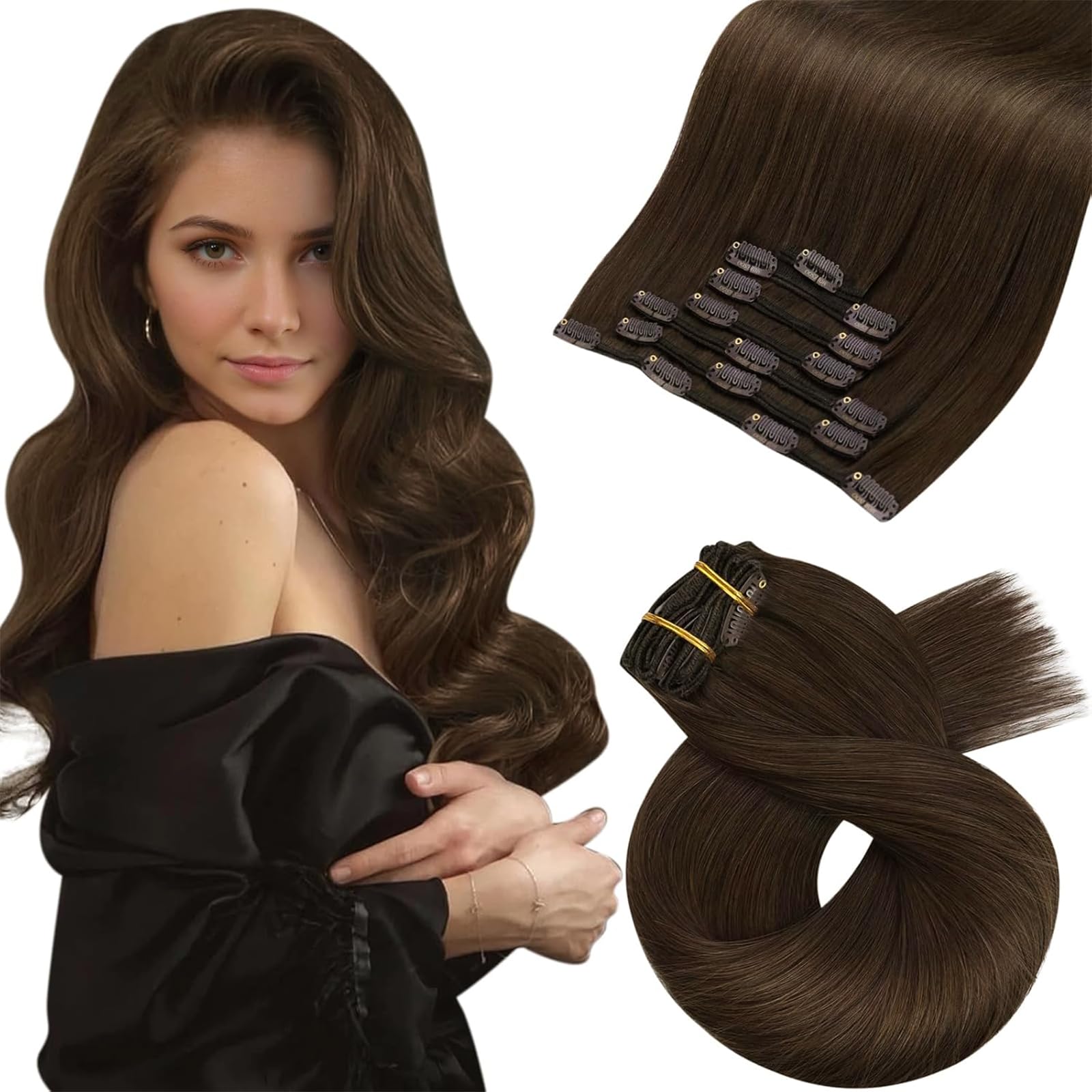 Moresoo Human Hair Clip in Hair Extensions Dark Brown Hair Extensions Clip in Double Weft 16 Inch Clip in Extensions Real Hair 7 Pieces/120g #4
