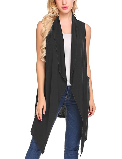 Finejo Damen Herbst Sommer Casual Open Front Strickjacke Maxi Offene Lange Weste Strickjacke Langshirt Asymmetrisch Ärmellos 