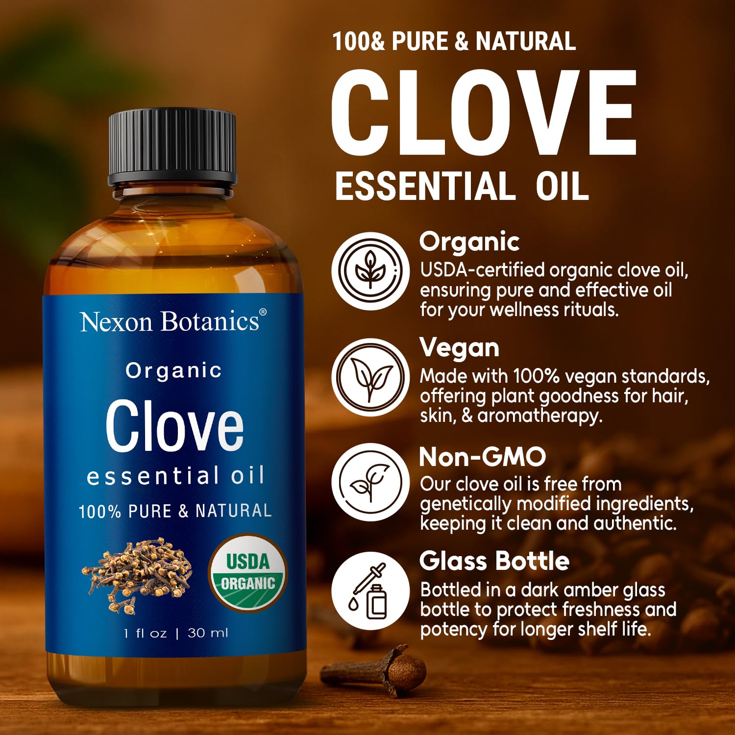 Organic Clove Essential Oil 30 ml - Pure, Natural, Undiluted for Toothache, Sore Muscles, Skin & Hair Care - Soothing Clove Bud Essential Oil - Nexon Botanics