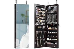 Giantex Wall Door Mounted Jewelry Armoire Cabinet with 47.5" H Full Length Mirror, 2 LEDs Lockable Jewelry Organizer Box with Bracelet Rod, 2 Drawers, Large Storage Capacity (Espresso)
