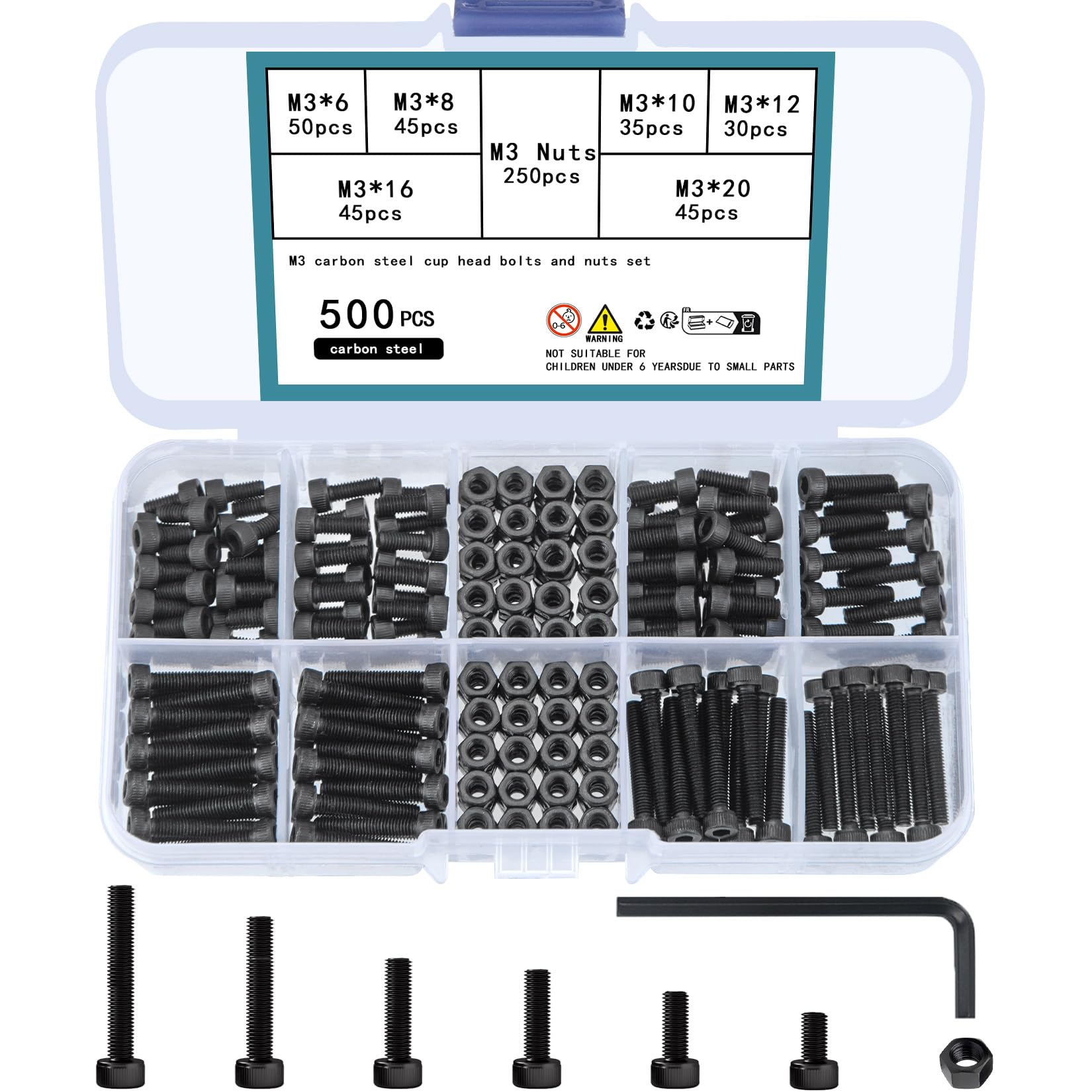 TOOINKCV 500pcs M3 Bolts and Nuts Assortment Set, Metric Screw Assortment KIt, Hex Socket Head Cap Screws Nuts and Bolts, Black Metric Machine Screws Set, Carbon Steel