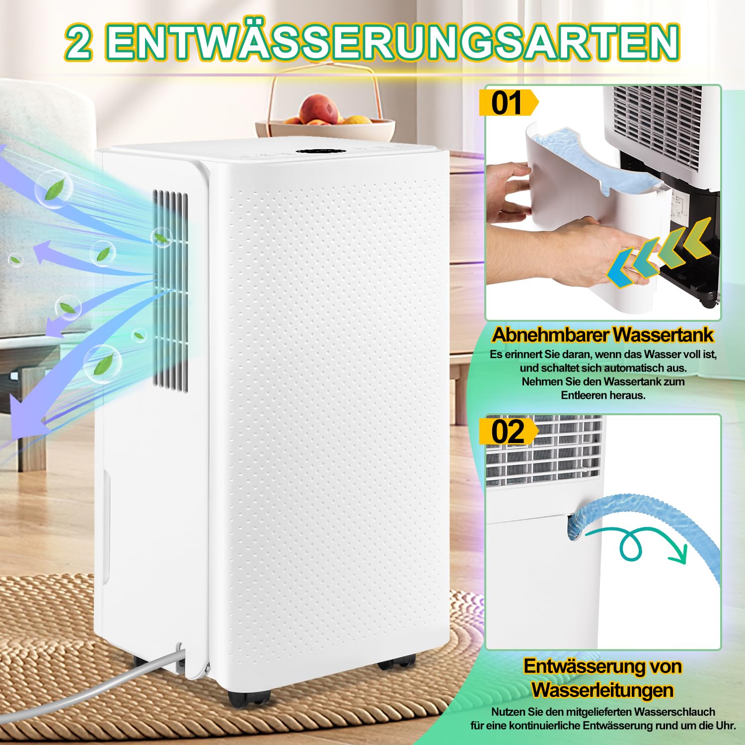 EINFEBEN Luftentfeuchter 16L/24h Entfeuchtungsleistung - für Raumgröße ca. 160m³ (~60 m²)- mit 4 Betriebsarten, Farbtemperatur-Tipps, Ablaufschlauch, Timerbetrieb, Abtaufunktion