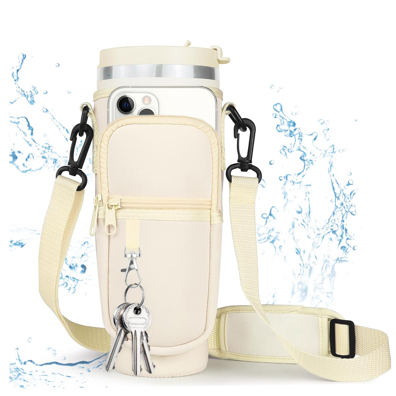 Feliciay Water Bottle Carrier Bag - 40OZ Neoprene Pouch Protector Sleeve With Adjustable Shoulder Strap (White)