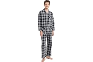 Amaxer Men’s 100% Cotton Pajamas Set Flannel Long Sleeves Pijamas For Men Pockets Button Pjs Elastic High Waist