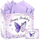 LUUFILx Butterfly Birthday Gift Bag for Girls Women Butterfly Flower Party Favor Bags with Wrapping Paper Card Purple Pink Floral Gift Bag for Baby Shower Birthday Decorations Party Supplies (Purple)